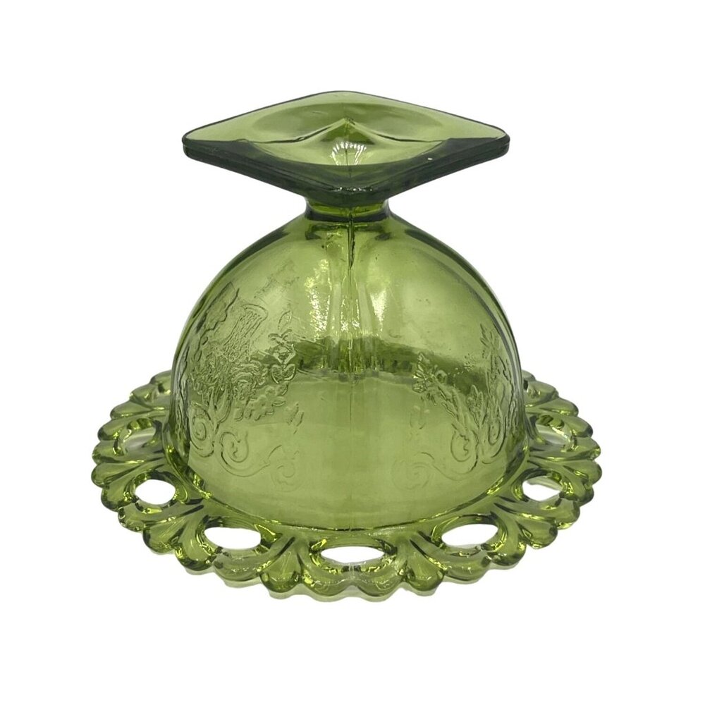 Vintage Green Glass Dessert Bowls Set Of 2 With Decorative Rim Floral Design - Picture 12 of 15